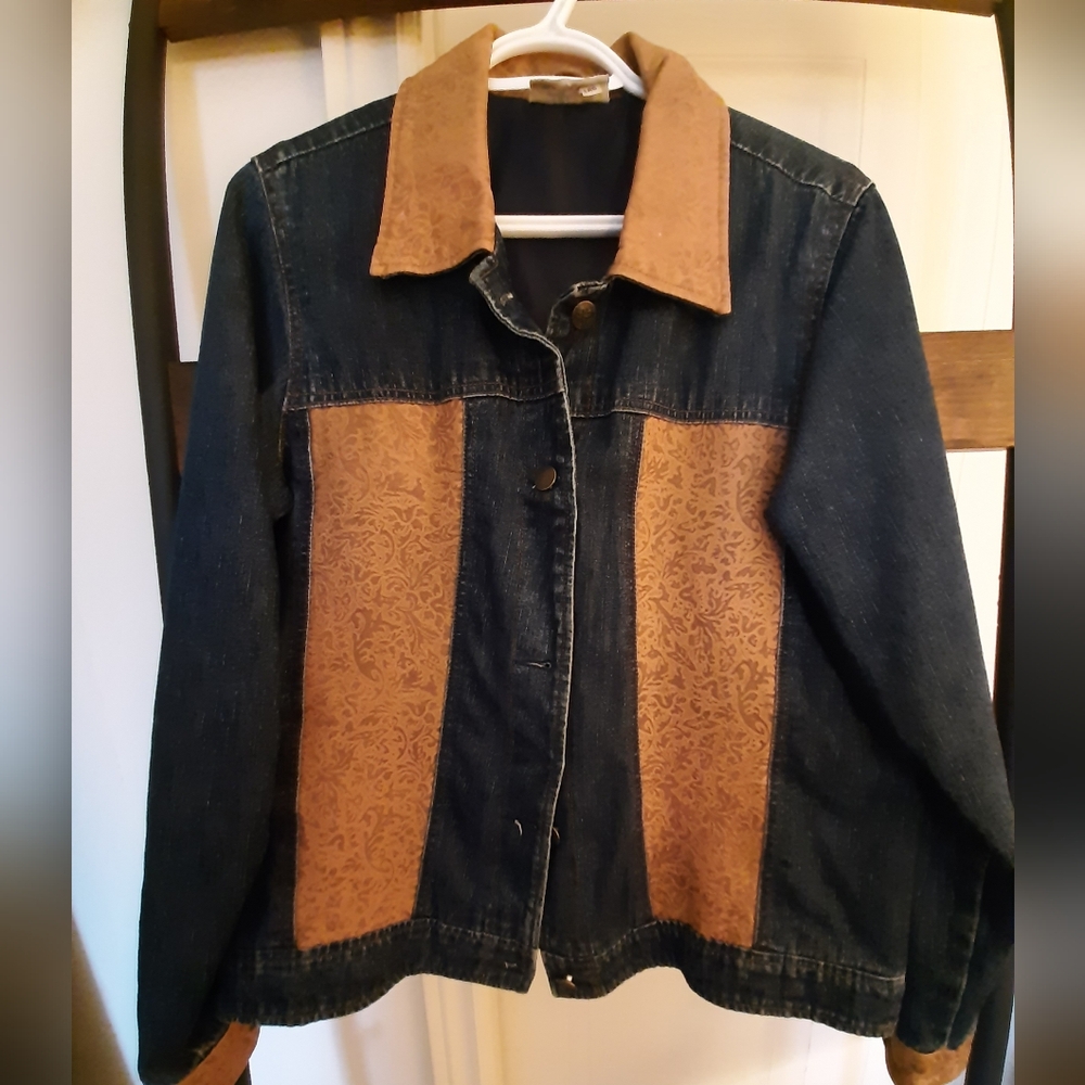Denim Jacket with Brown Patterned Panels